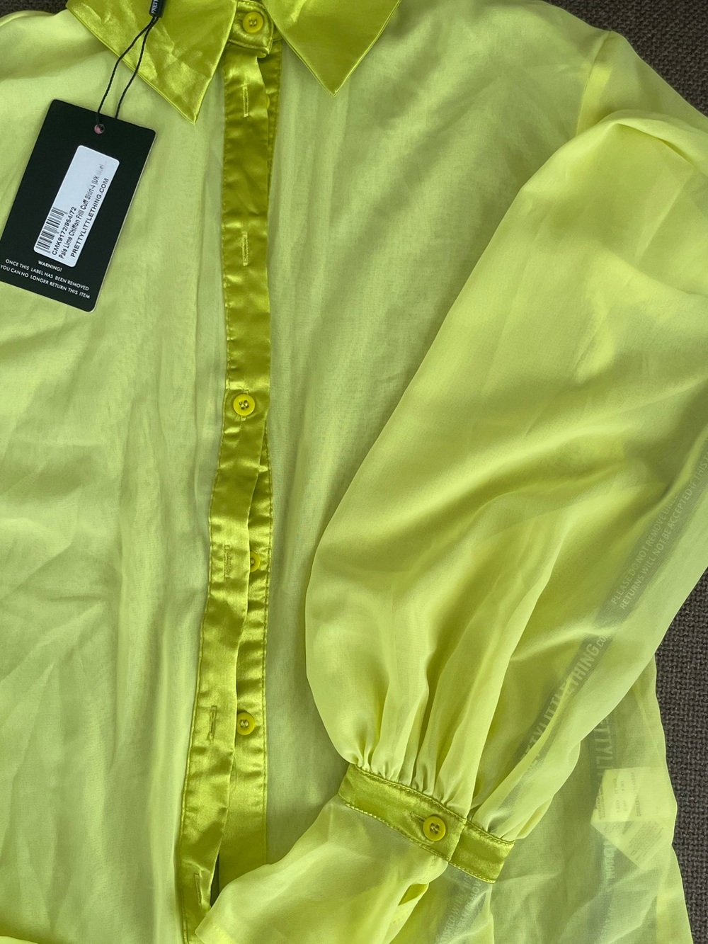PrettyLittleThing Neon Yellow Sheer Satin-Trim Button Down Shirt